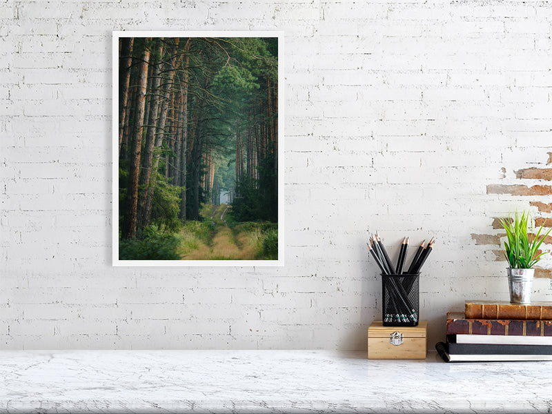 marble counter, on the right side of it a stack of several books, a container with writing implements and a small plant. On the left side, on the wall, a printed photo of a forest road full of pine trees. Photo in white frame.