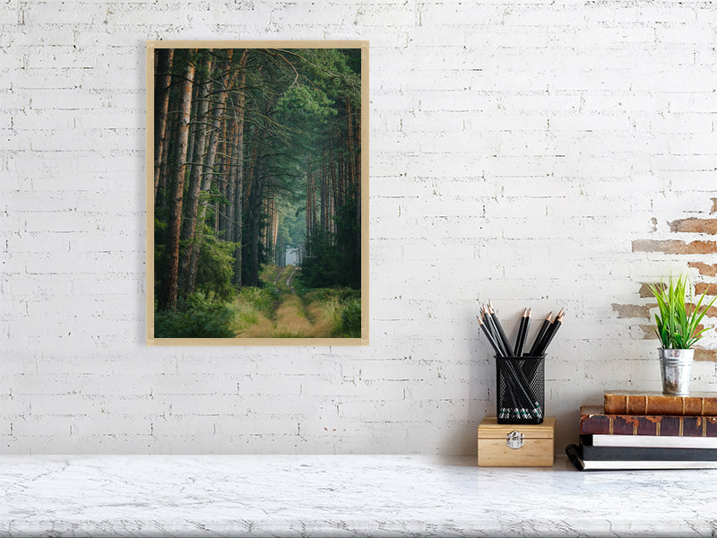 marble counter, on the right side of it a stack of several books, a container with writing implements and a small plant. On the left side, on the wall, a printed photo of a forest road full of pine trees.