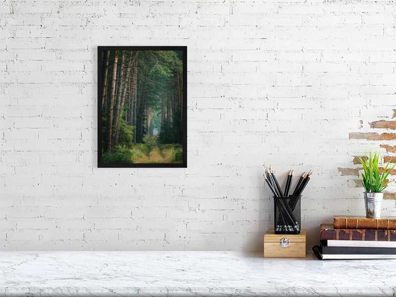 marble counter, on the right side of it a stack of several books, a container with writing implements and a small plant. On the left side, on the wall, a printed photo of a forest road full of pine trees. Photo in black frame.